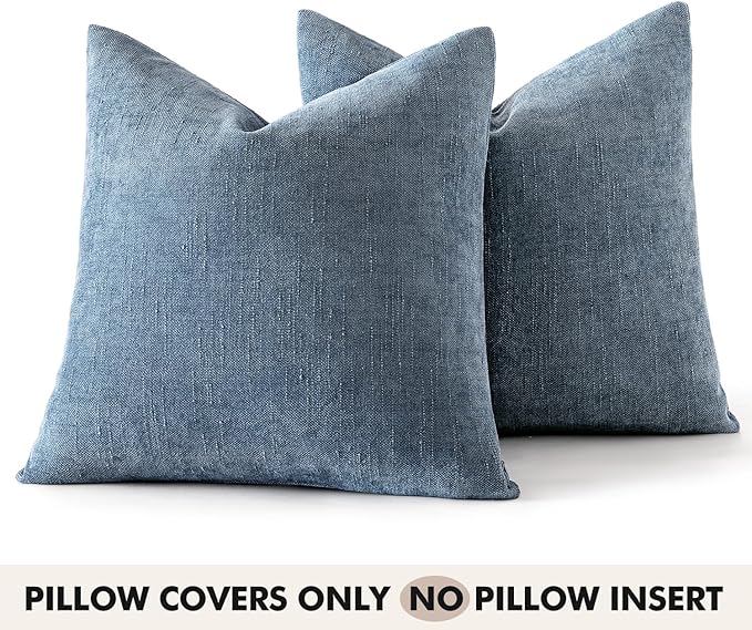 Woaboy Set of 2 Textured Throw Pillow Covers Decorative Soft Accent Square Chenille Pillowcases Neutral Farmhouse Cushions Modern Home Decor for Couch Sofa Bedroom Living Room 20x20 Inch,Blue Gray