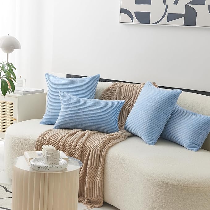 Home Brilliant Blue Throw Pillows Striped Velvet Corduroy Euro Sham Large Decorative Pillow Case Cushion Cover for Sofa, 24 x 24 inch, Baby Boy Blue