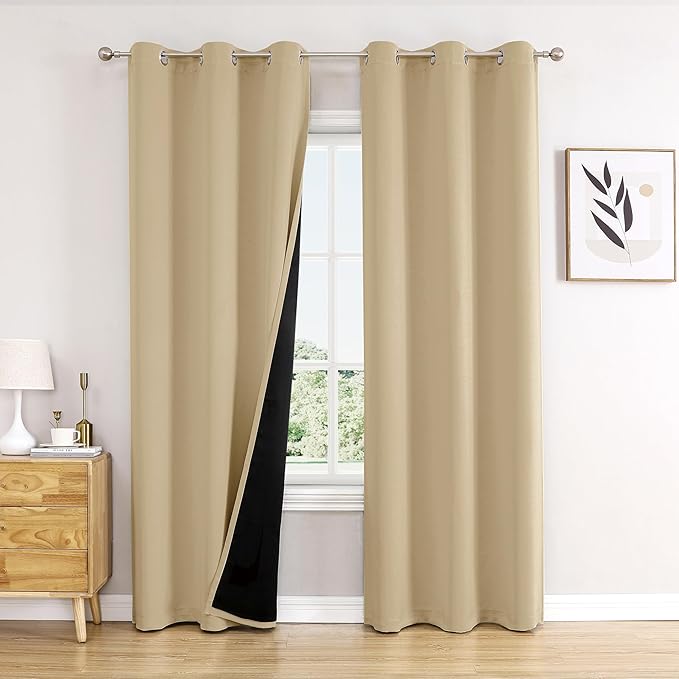ChrisDowa 100% Blackout Curtains 72 inch Long for Bedroom with Black Liner, 2 Thick Layers Total Blackout Thermal Insulated Grommet Window Curtains 2 Panels Set (Beige, 42 x 72 Inch)