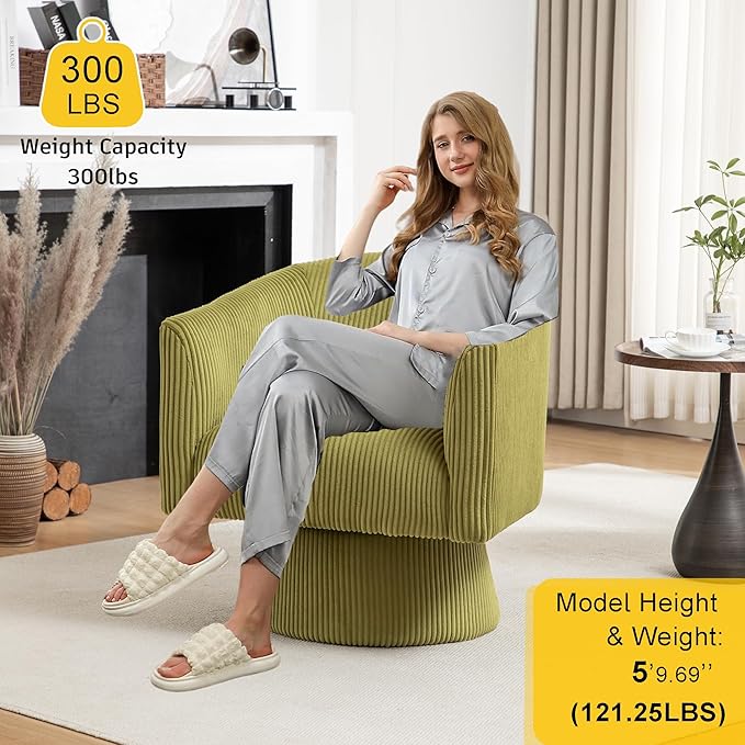 Swivel Accent Chair, Modern 360° Barrel Chair, Corduroy Upholstered Single Sofa for Living Room, Bedroom(Green)