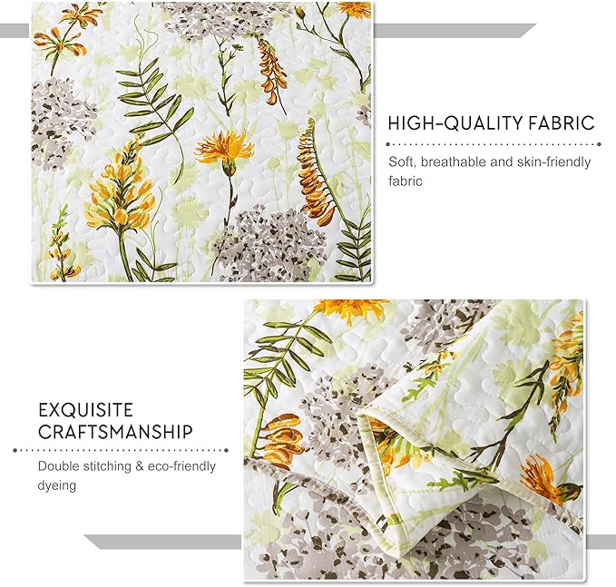 Travan 3-Piece Quilt Set Quilted Bedspread Lightweight Reversible Coverlet Set Floral Printed Oversized Quilted Bedding Set with Shams for All Season, Yellow Flower, King Size