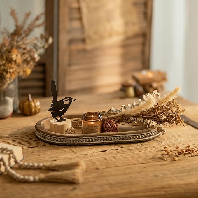 Hanobe Decorative Serving Tray Wood: Brown Bead Oval Tray for Coffee Table Rustic Wooden Trays Decor Farmhouse Kitchen Counter Tray Vintage Centerpiece for Living Room Home Organizer