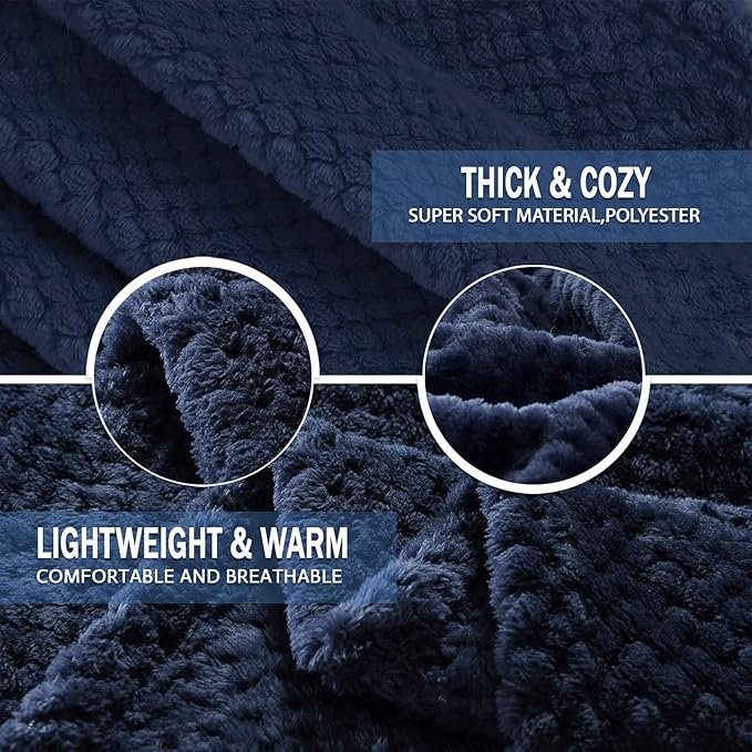 Exclusivo Mezcla Fleece Throw Blanket Extra Large, Super Soft and Warm Blankets for Couch, Sofa and Bed Waffle Textured, Cozy, Fuzzy and Lightweight (Navy Blue, 50x70 Inches)