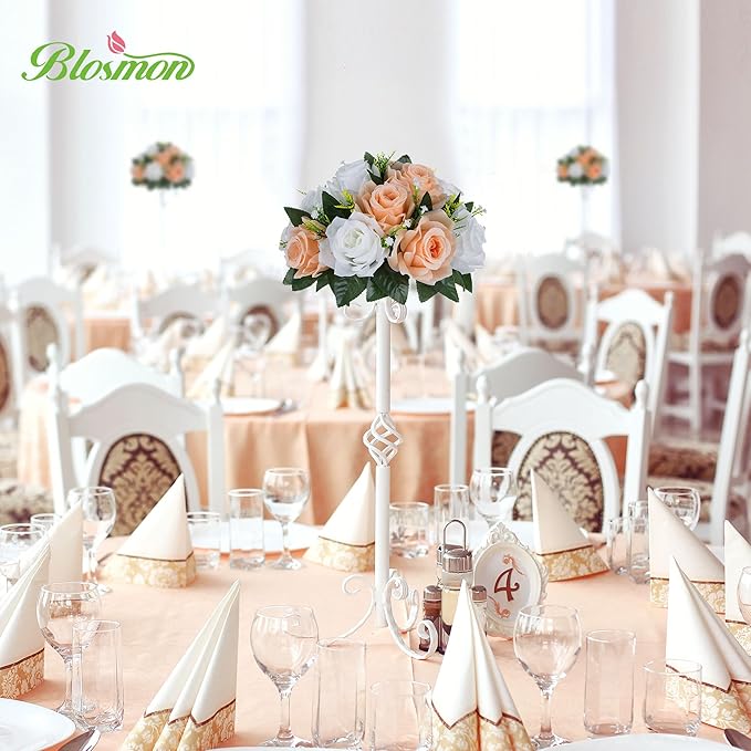 BLOSMON Flower Ball Centerpieces for Tables: 2pcs 9.5 Inch Peach Fuzz Fake Rose Flowers Kissing Balls Artificial Wedding Floral Arrangements Silk Bouquet with Base Home Party Room DIY Decorations
