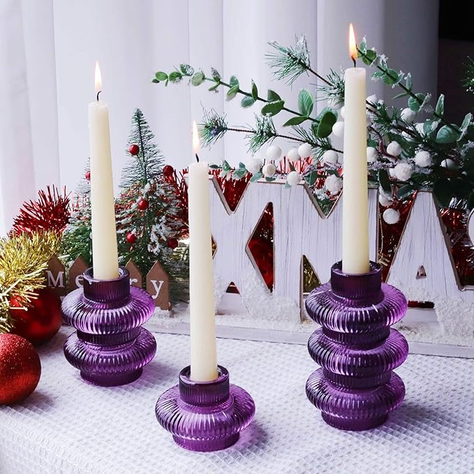 VOHO Purple Taper Candle Holders Ribbed Glass Gifts, 6 A Pack Candlestick Holders for Table Centerpiece Christmas/Halloween Decorations, Versatile Candle Holders for Candlesticks or Tea Lights Candles