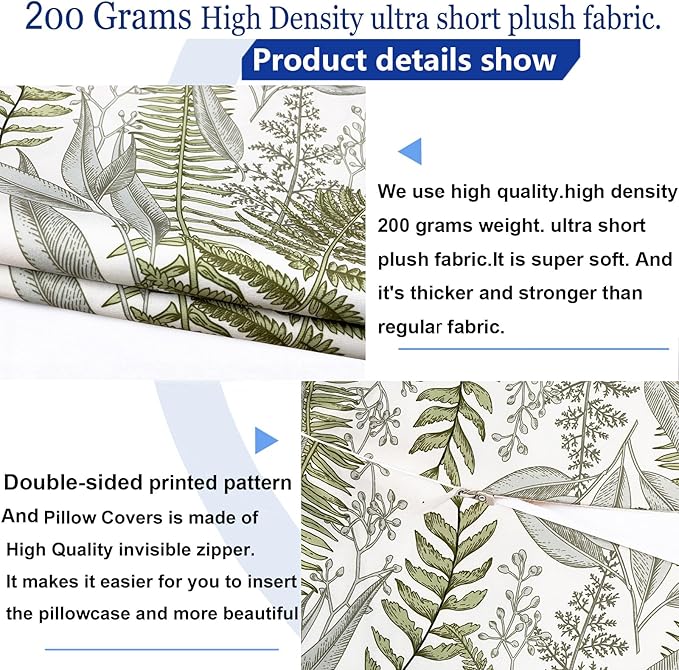 Decorative Throw Pillow Covers Set of 2 Olive Green Leaves Pillow Covers 20x20 inch Soft Short Plush Square Floral Throw Pillows,Farmhouse Outdoor Pillow Covers for Couch Bed Living Room