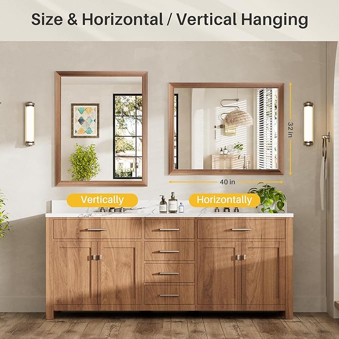 40x32 Inch Bathroom Mirror for Wall, Anti-Rust Walnut Wood Grain Metal Framed Bathroom Mirrors for Over Sink,Rectangler Mirrors for Bathroom Vanity, Farmhouse, Bedroom, Living Room, Entryway Decor