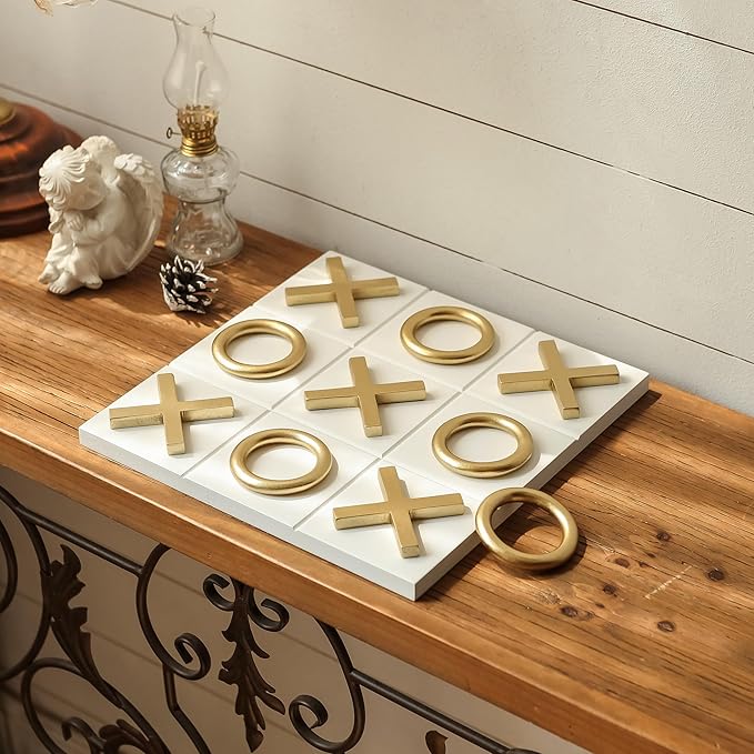 NIKKY HOME 12x12 Inch Tic Tac Toe Wood Game Board Classic Coffee Table Decor Modern Wooden Travel Game for Family, White & Gold