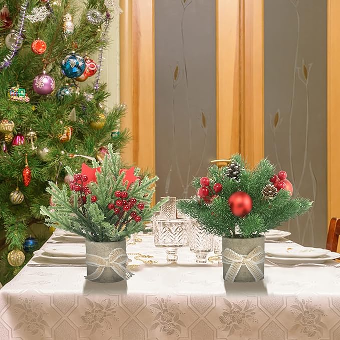 2PCS Small Christmas Tree,Tabletop Mini Xmas Tree,9" Artificial Little Potted for Christmas Decor,Suitable for Weddings, Holidays, Christmas and Other Festivals.(Star/Ball)