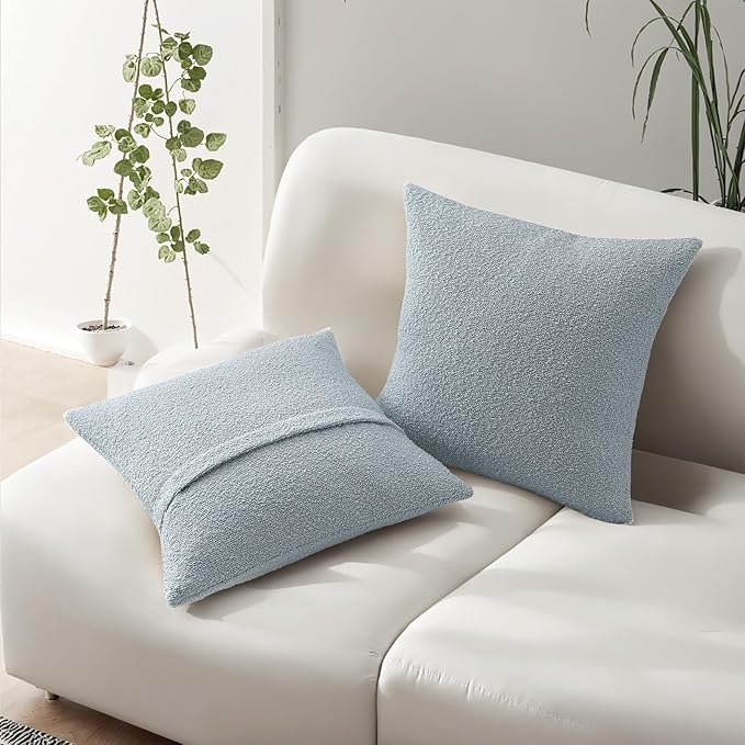 HAUSSY Set of 2 24x24 Decorative Throw Pillow Covers, Soft Cozy European Pillow Shams Textured Boucle, Home Decor for Couch Bed Living Room, Dusty Blue