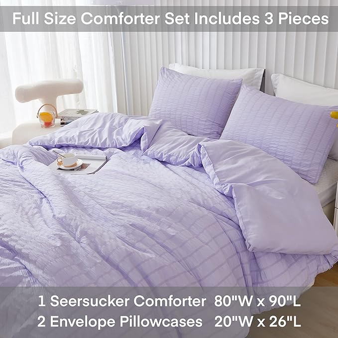 AveLom Lavender Purple Seersucker Full Comforter Set(80x90 inches), 3 Pieces-100% Soft Washed Microfiber Lightweight Comforter with 2 Pillowcases, All Season Down Alternative Comforter Set for Bedding