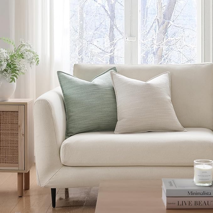 Meekio Set of 4 Ivory Beige and Sage Pillow Covers 18x18, Linen Look Throw Pillow Covers with Flange Edge for Sofa Couch Living Décor