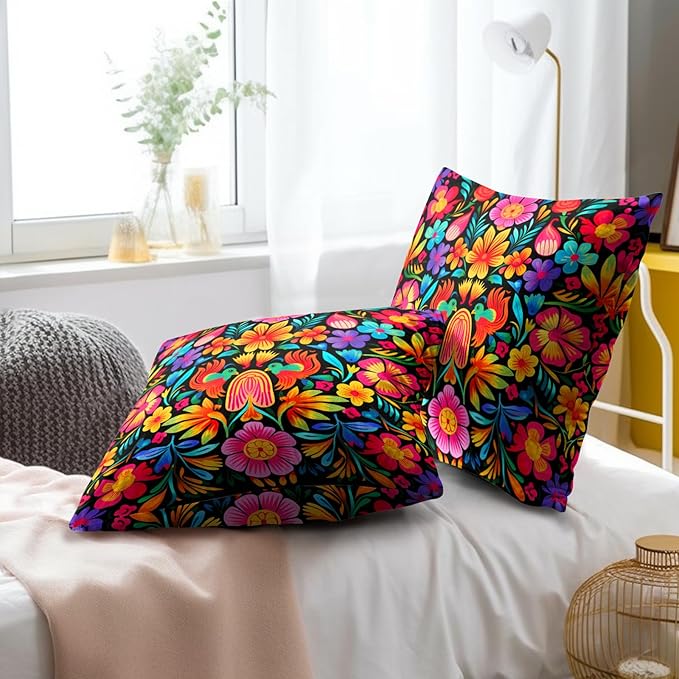 Mexican Throw Pillow Covers 22x22 - Mexico Pillow Cover Colorful Flowers Pillowcase Set of 2 Floral Birds Cushion Cover for Bedroom Home