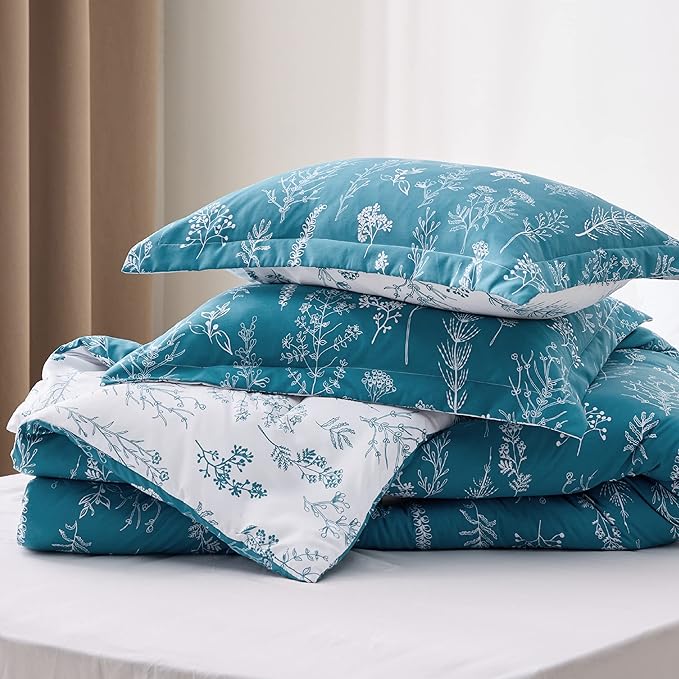 Bedsure California King Comforter Set - Teal Blue Bed Set, 3 Pieces Cute Floral Bedding, 1 Soft Reversible Botanical Flowers Comforter and 2 Pillow Shams