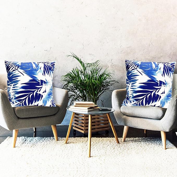 Decorative Throw Pillow Covers Set of 2 Blue Leaves of Tropical Pillow Covers 16x16 inch Soft Short Plush Square Throw Pillows,Farmhouse Outdoor Pillow Covers for Couch Sofa Living Room
