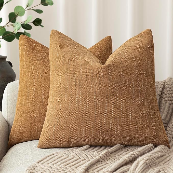 Foindtower Set of 2 Soft Textured Chenille Throw Decorative Pillow Covers Square Accent Solid Cushion Cover Neutral Farmhouse Pillow Case for Couch Sofa Bedroom Living Room 18x18 Inch,Golden Brown