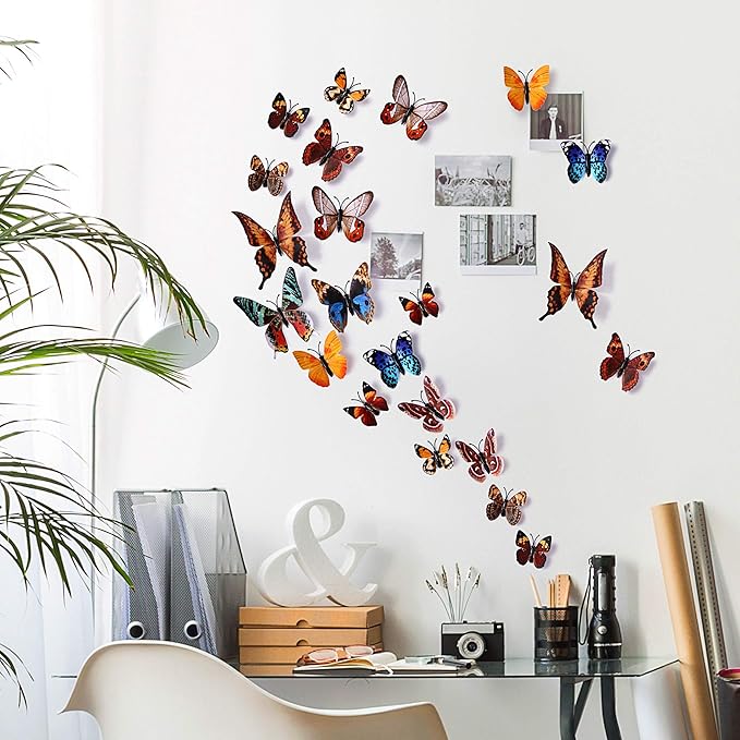 24pcs 3D Vivid Special Man-Made Lively Butterfly Art DIY Decor Wall Stickers Decals Nursery Decoration, Bathroom Décor, Office Décor, 3D Wall Art, 3D Crafts for Wall Art Kids Room Bedroom