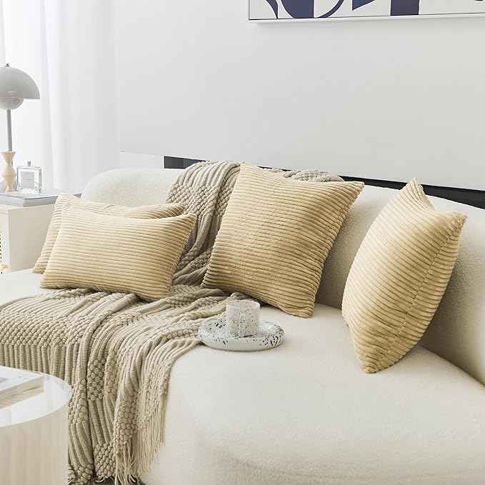 Home Brilliant Set of 2 Decorative Plush Velvet Corduroy Striped Throw Euro Pillow Sham Cushion Cover for Sofa, 26x26 inches, Taupe