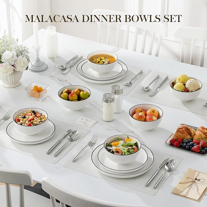 MALACASA Porcelain Soup Bowls, White Ceramic Cereal Bowls for Kitchen, Dishwasher and Microwave Safe, Series Regular 26Oz