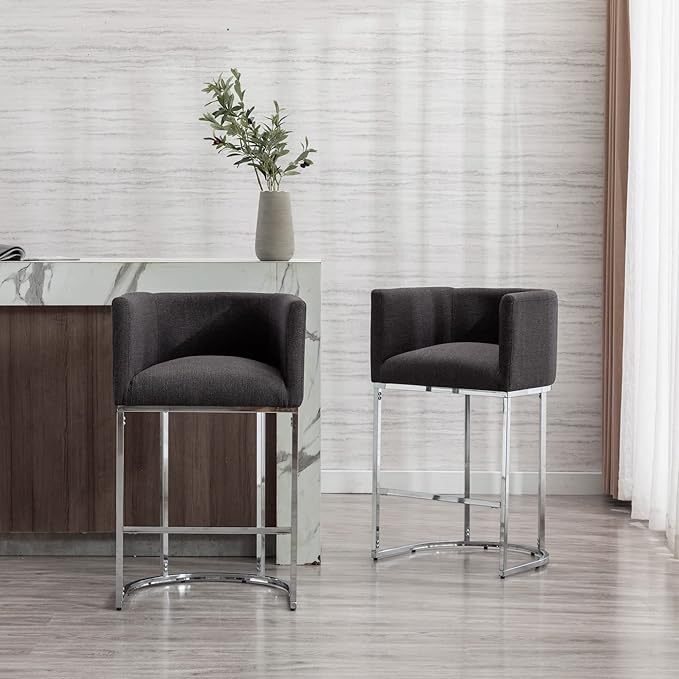 Modern Counter Height Linen Upholstered Bar Stools Set of 2, 29" Kitchen Counter Island Stools Bar Chairs with Chrome Finish Metal Frame for Kitchen Island, Charcoal