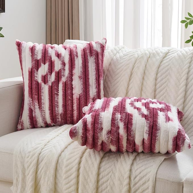 FUTEI Burgundy Decorative Throw Pillow Covers 22x22 Inch Set of 2, Soft Tie-Dye Faux Rabbit Fur Striped Texture Cushion Case, Modern Home Decor for Couch Bed Living Room