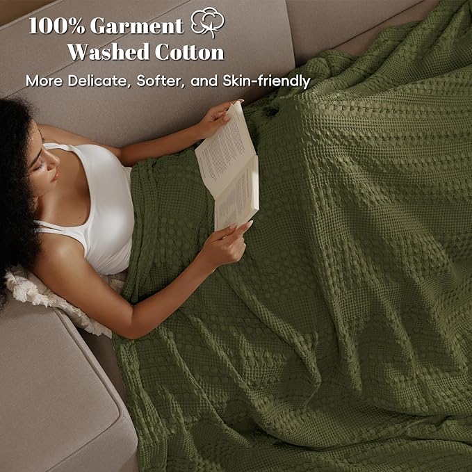 PHF 100% Cotton Waffle Weave Blanket Twin Size for Bed, Soft Lightweight & Breathable, All-Season Comfort, Luxury Aesthetic Woven Bedding for Home Decor, 66"x90", Capulet Olive