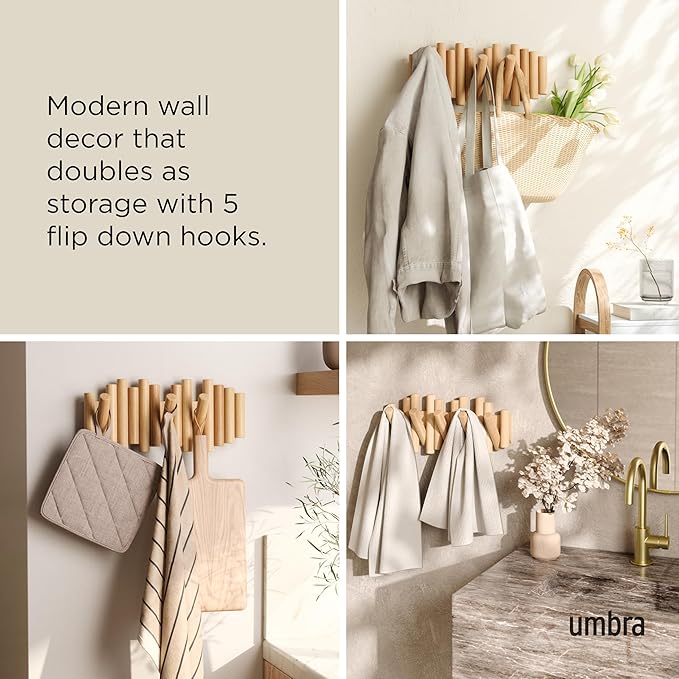 Umbra Picket 5 Hooks, Wall-Mounted Rail, Doubles as Art, Beveled Pine Wood Dowels, Natural Finish