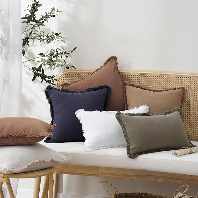Foindtower Decorative Linen Fringe Throw Pillow Covers Cozy Boho Farmhouse Cushion Cover with Tassels Soft Accent Pillowcase for Chair Sofa Bed Living Room Home Decor, 12×24 Inch, 1PC, Rust