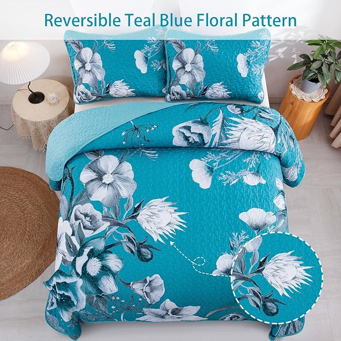 Floral Quilt Set King 3 Pieces Teal Blue Floral Quilt Coverlet Set Soft Microfiber Lightweight Teal Blue Quilted Bedspread for All Season 104"x90"