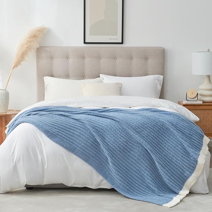 Snuggle Sac Warm King Size Blanket for Bed, Cozy Soft Fuzzy Microfiber Knit Stripe Bedding Blankets, Blue, 108x90 inches