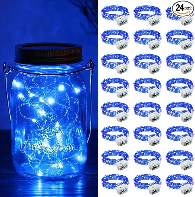 ZGWJ 24 Pack Fairy Lights Battery Operated, 7ft 20 Mini LED Fairy String Lights Silver Wire 3 Modes for DIY, Parties, Wedding, Bedroom, Halloween Christmas Decoration Blue