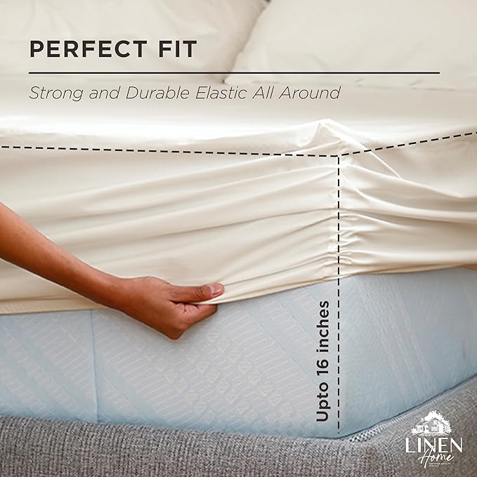 Linen Home 100% Cotton Percale Weave Fitted Sheet, Full Size, Ivory, 1 Deep Pocket Fitted Sheet, Fits Mattress Upto 16" Crisp and Cool Strong Bed Linen, 54"X75"+15"