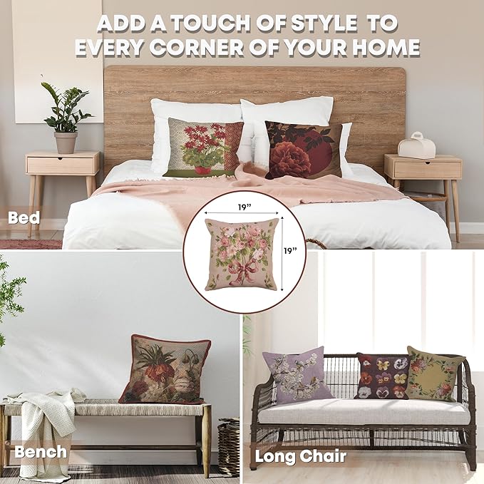 Charlotte Home Furnishings Floral Decorative Throw Pillow Cover 19x19 in, Bouquet Roses French Country Couch Pillow Case, Home Decor Cozy Tapestry Cushion Cover, European Cotton Jacquard Woven