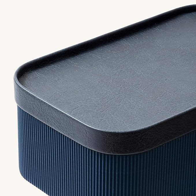 La Jolie Maison Fluted Cardboard Storage Baskets with Vegan Leather Lids, Sturdy Stackable Paper Boxes Decorative Tray, Basket Organizer Bins for Bathroom Bedroom Organizing, Navy Blue, Set of 3