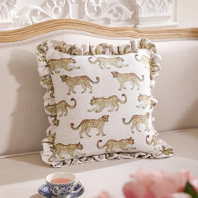 patdrea Designer Throw Pillow Covers for Couch 18"x18",Vintage Linen Pillows Cover with Cheetah Pattern and Luxury Pendant,Farmhouse Decorative Pillowcases for Bed Living Room Outdoor Set of 2