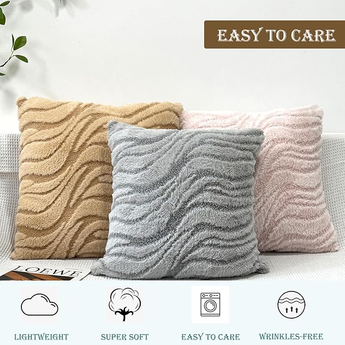 Khaki Pillow Covers 18" x 18" Striped Texture Decorative Pillow Covers for Couch Boho Tufted Fluffy Throw Pillow Covers for Outdoor Bed Sofa Chair Livingroom - 2 Pieces