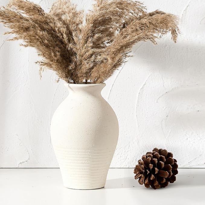 LUKA Ceramic Rustic Farmhouse Vase, 9.2 inch Whitewashed Terracotta Vase, Pottery Decorative Vases,Clay Decorative Vases for Home Decor, Table, Living Room, Shelf, Mantel Decoration(Off-White)