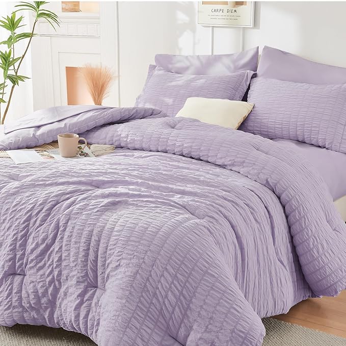 HYMOKEGE Lavender King Size Comforter Set Seersucker 7 Pieces, All Season Luxury Bed in a Bag for Bedroom, Bedding Set with Comforters, Sheets, Pillowcases & Shams