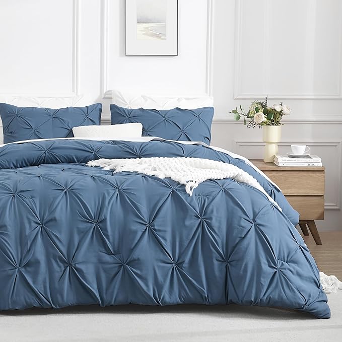 Andency Ocean Blue Queen Comforter Set, 3 Piece All Season Decorative Pintuck Bedding Comforter & Sets, Ocean Blue Soft Microfiber Lightweight Washable Bed Set for Queen Size Bed