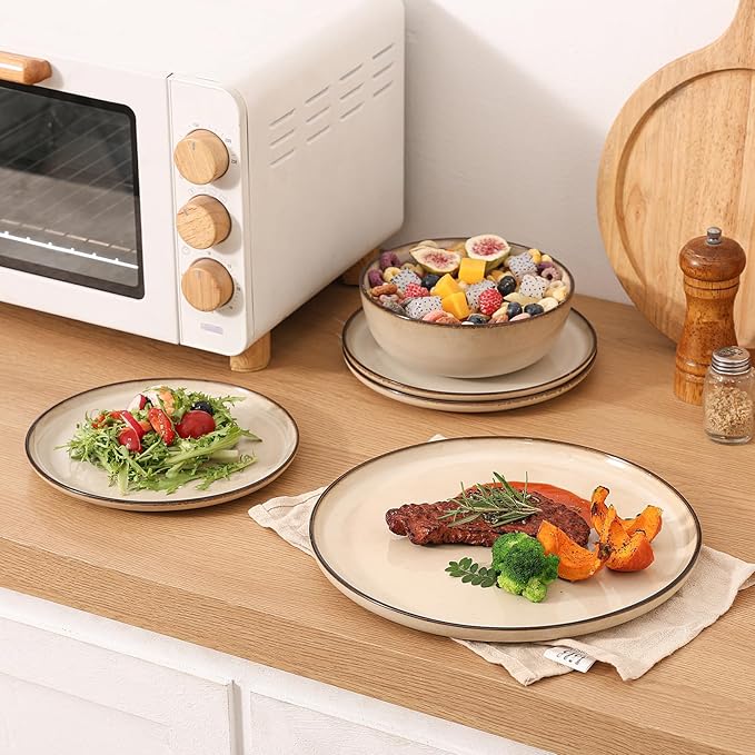 Ceramic Salad Dessert Plates Set: 8 inch Porcelain Reactive Glaze Plates Set, Mordern Stoneware Kitchen Dinnerware Dishes Set, Microwave & Dishwasher Safe, Scratch Resistant, Set of 4 (Beige)