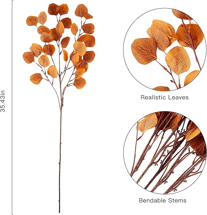 Sggvecsy 6 Pcs Fall Eucalyptus Leaves Artificial Eucalyptus Stems Long Silver Dollar Leaves Autumn Leaf Branches Fake Silk Eucalyptus for Christmas Home Autumn Festival Thanksgiving Decor(Orange)