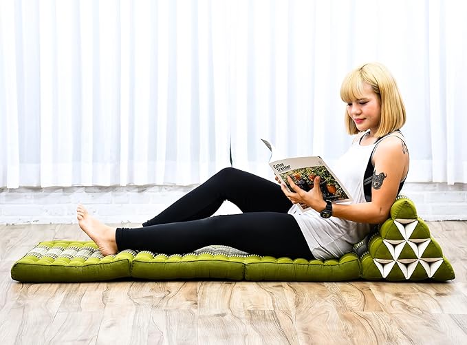 Leewadee - Comfortable Japanese Floor Mattress - Thai Floor Bed with Triangle Cushion - Futon Mattress - Thai Massage Mat, 67 x 21 inches, Green, Kapok Filling