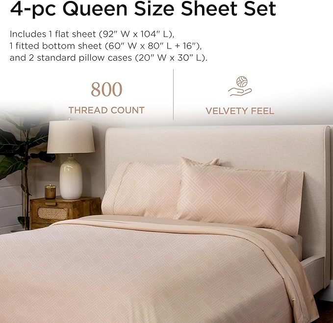 Threadmill Queen Sheet Set for Queen Mattresses | 800 Thread Count Jacquard Celine Light Beige | Better Than Egyptian Cotton | 4 Pc Bed Sheets | Elasticized Deep Pocket | 100% Cotton Queen Sheets