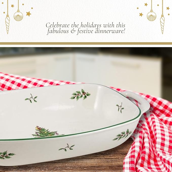 Spode Christmas Tree Oval Breadbasket, 14 Inch x 7.5 Inch Handled Bowl for Fruit, Bread, Cookies - Porcelain Gift, Holiday Serveware & Oven to Table Dish, Dishwasher Safe Tableware