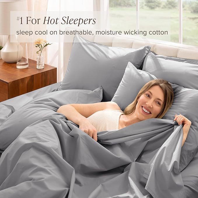 Bare Home 100% Organic Cotton Queen Sheet Set - Crisp Percale Weave - Lightweight & Breathable - Bedding Sheets & Pillowcases (Queen, Light Grey)