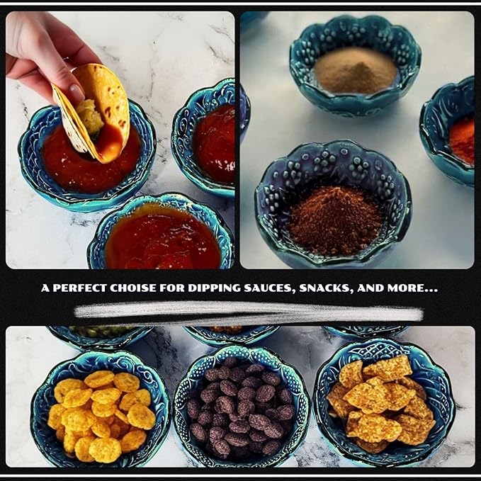 Handmade Decorative Turkish Ceramic Bowl Set of 6, Green Pinch Bowls for Dipping & Serving - Small Versatile and Unique Charcuterie Accessories, Mini Sauce Dish, Floral Pattern Snack Bowls
