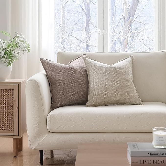 Meekio Set of 2 Taupe Brown Pillow Covers 20x20, Linen Look Throw Pillow Covers with Flange Edge for Sofa Couch Living Décor