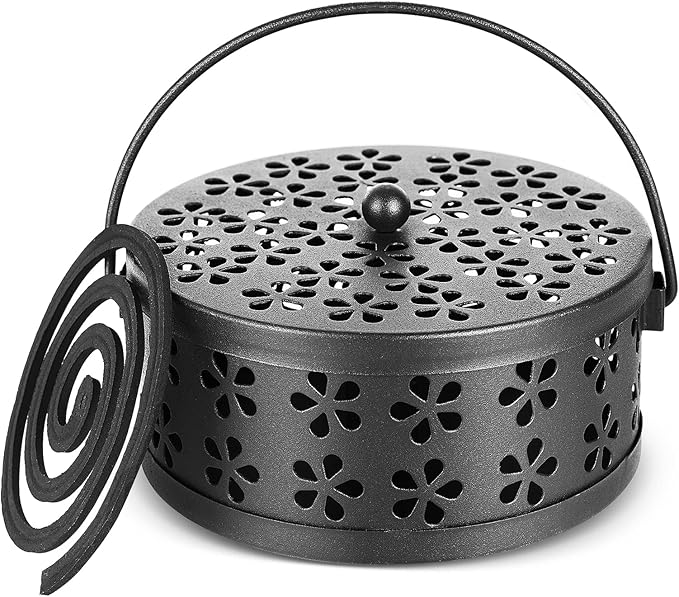 Portable Iron Mosquito Coil Holder with Handle Round Heat-Resistant Incense Holder (Black)