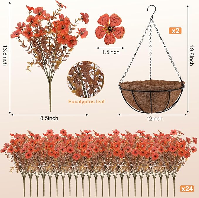 Geegoods Artificial Hanging Baskets for Outdoors Decoration, 24 Pcs Artficial Outdoor Flowers with Hanging Baskets UV Resistant Look Real Orange Mums for Autumn Porch Patio Balcony Yard Home Decor