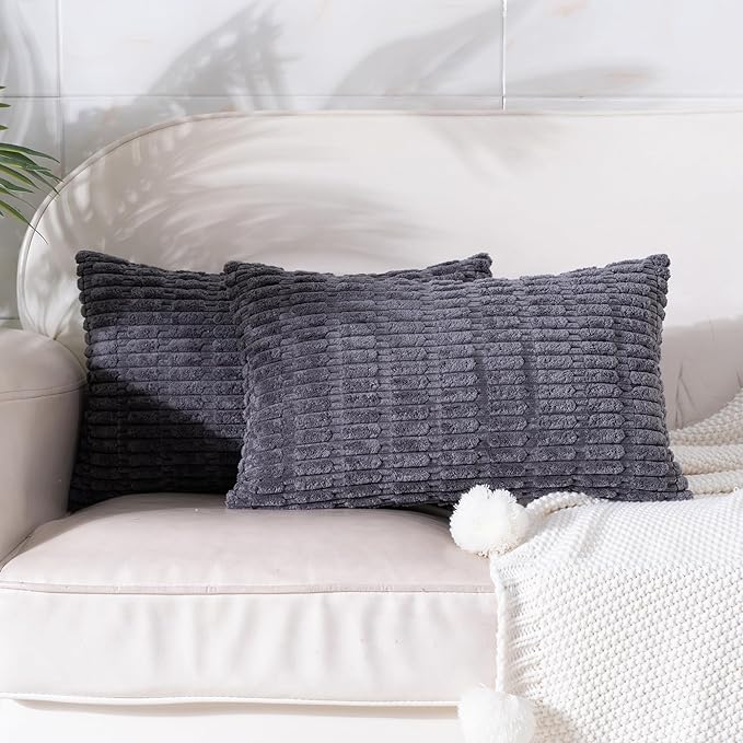 Set of 2 Corduroy Decorative Throw Pillow Covers 12x20 Inch Soft Boho Striped Couch Pillow Covers for Sofa Modern Farmhouse Neutral Home Decor Living Room Bed Dark Grey